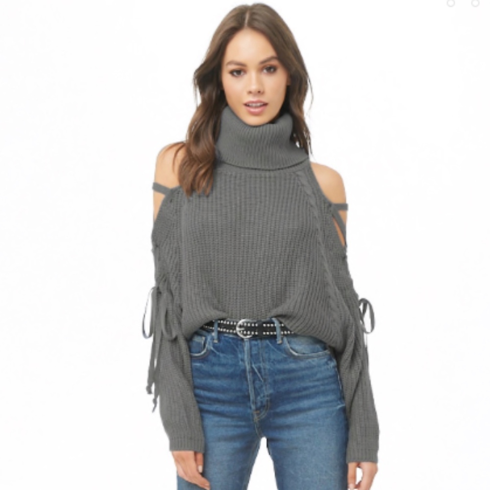 Cropped Lace-Up Turtleneck Sweater